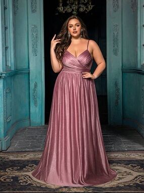 Plus-Size Shimmer Wrap Bodice Evening Dress in Dusty Rose